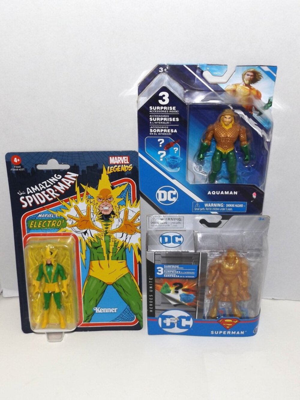 Collection 3 Mini Superhero Action Figures Electro, Aquaman, Superman New Sealed